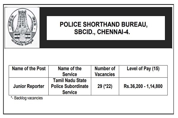 Tamil Nadu Police Shorthand Burea Junior Reporter Recruitment 2022