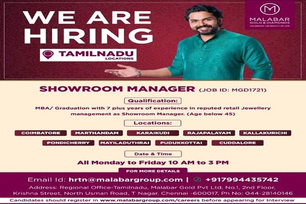 Job Offer For Showroom Manager in Malabar Gold and Diamonds